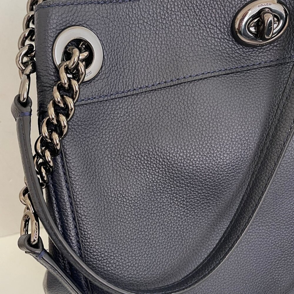 COACH Navy Blue Leather Satchel with Silver Chain Hardware: New with Dust Bag! - Picture 11 of 11